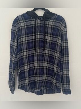 American Rag Navy and Black Plaid Hooded Shirt